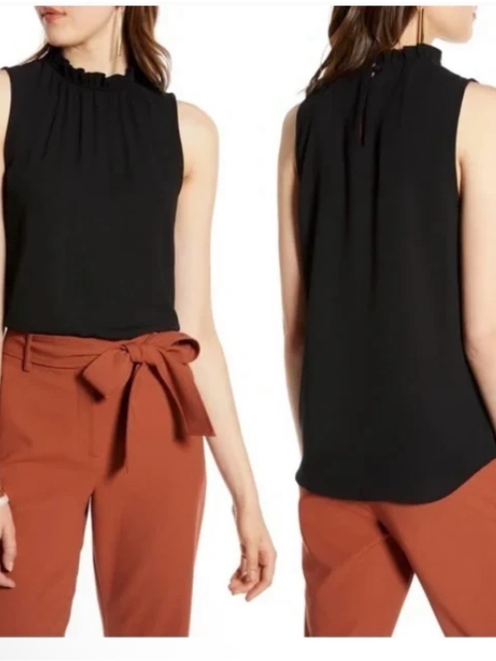 Halogen Black Ruffle Neck Top Blouse Sleeveless Gathered High Neck S Petite